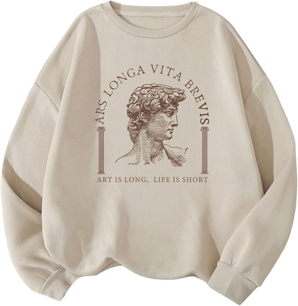 WDIRARA Women's Letter Figure Graphic Print Sweatshirt Long Sleeve Crew Neck Pullover Tops | Amazon (US)