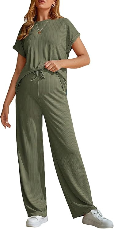 OYOANGLE Women's Maternity 2 Pieces Pajamas Short Sleeve T-Shirt Top and Pants Outfits Tracksuit ... | Amazon (US)