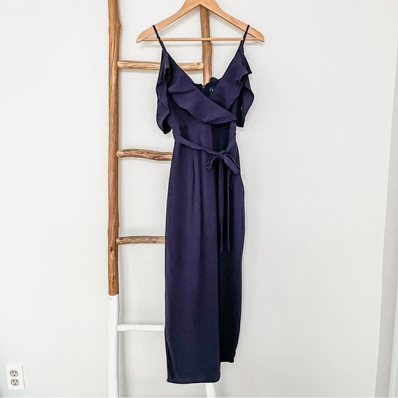 [bardot] ruffle flutter cold shoulder wrap waist tie midi dress navy blue XS | Poshmark