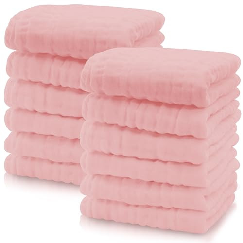 Cute Castle 12 Pack Muslin Baby Washcloths - Large 12'' by 12'' - Ultra Soft 100% Cotton - Super Absorbent Burp Cloths for Unisex, Boy, Girl -Pink | Amazon (US)