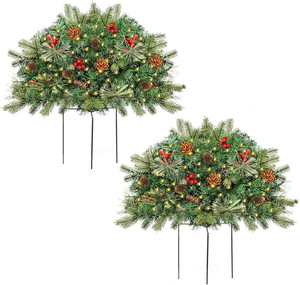 Outdoor Christmas Tree Frosted Urn Filler 2 Set, Pre-lit Artificial Xmas Tree with Cones & Red Be... | Amazon (US)