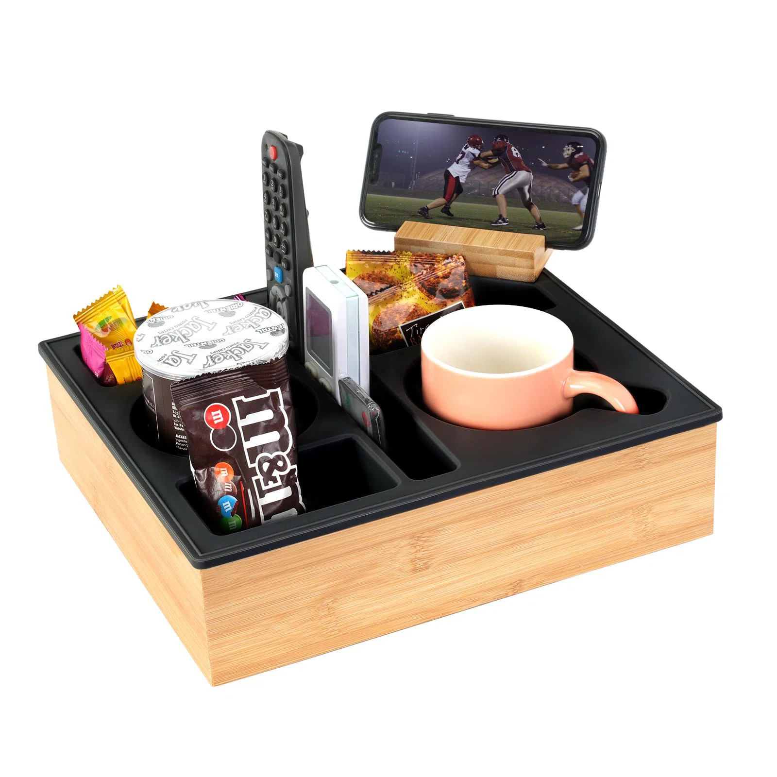 Couch Cup Holder Tray, Silicone Bamboo Couch Caddy With Rotatable Phone Holder , Waterproof Anti-... | Wayfair North America