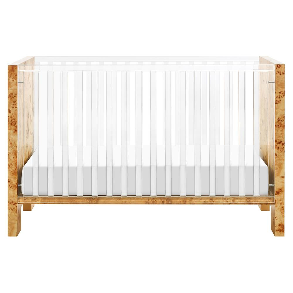 Nursery Works Altair Modern Clear Acrylic Slat Burl Wood Convertible Crib | Kathy Kuo Home