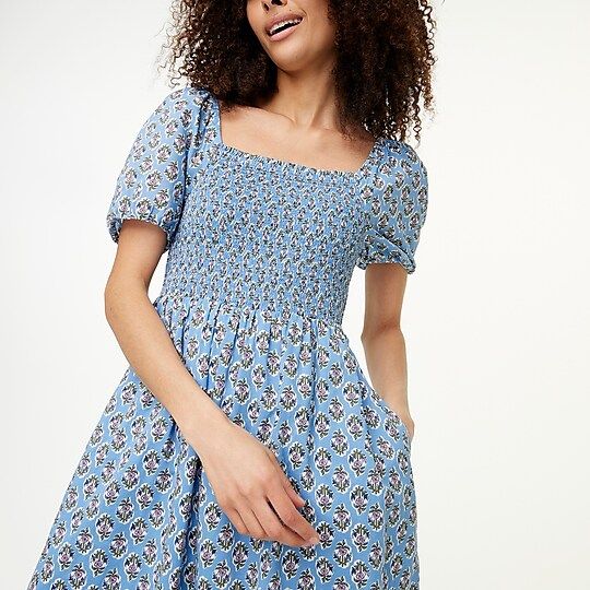 Block-print smocked midi dress with puff sleeves | J.Crew Factory