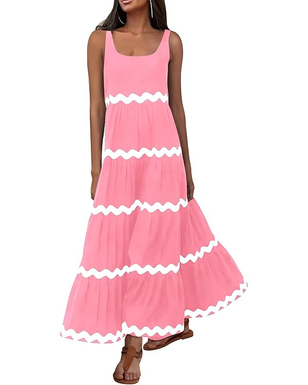 PRETTYGARDEN Women's 2024 Summer Sundresses Sleeveless Scoop Neck Tiered Flowy Beach Vacation Par... | Amazon (US)