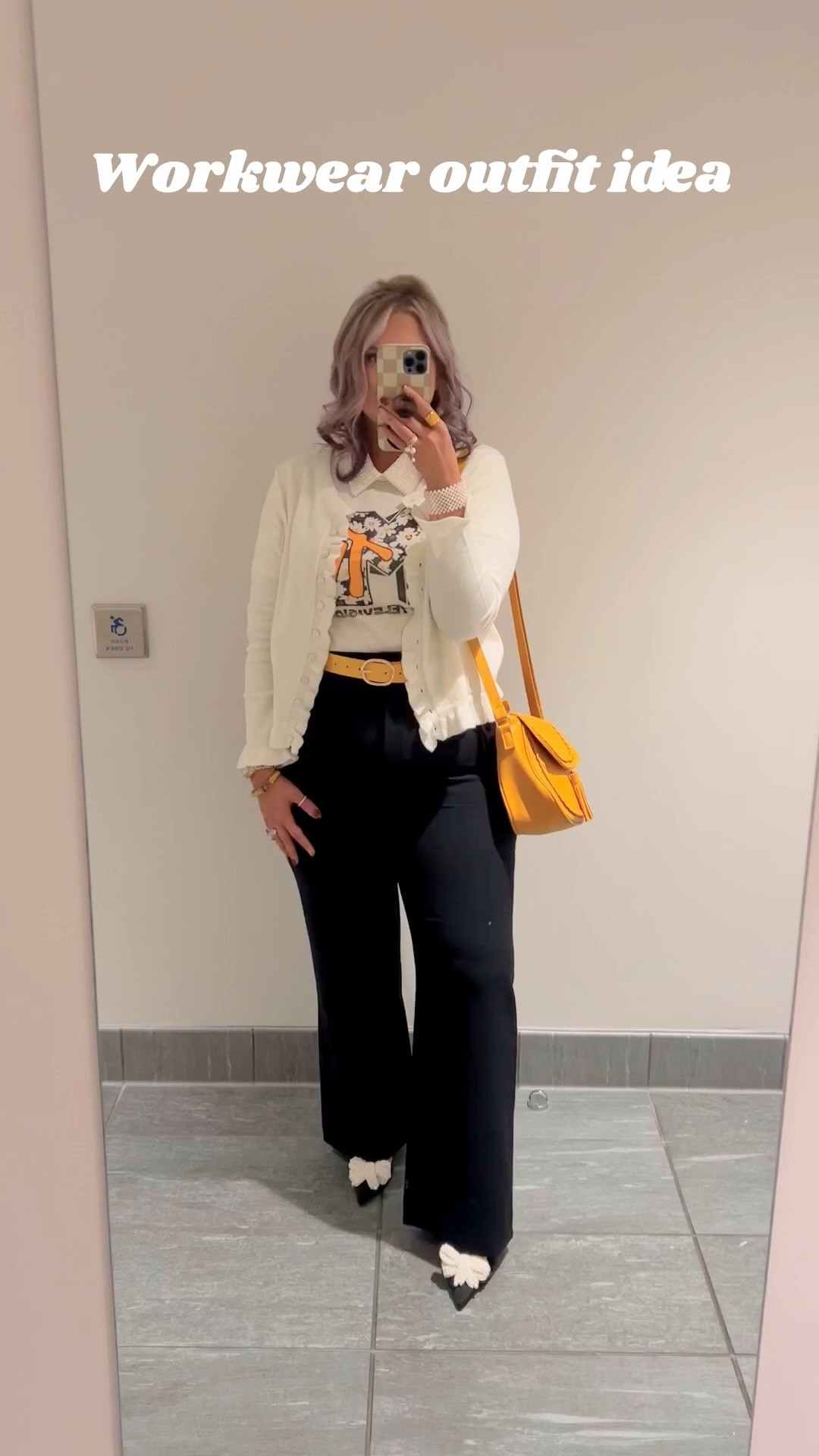 mtv graphic tee, graphic, floral, graphic tee, graphic t-shirt, t-shirt, yellow, pop of color, saddle bag, high-waisted, trousers, work pants, flare pants, flare trousers, flares, mules, pearl, bow, embellished, cardigan, ruffle, ivory, black, workwear, edgy workwear, statement, yellow belt, yellow jewelry, pearls, pearl bracelet, pearl ring, gold ring, gold jewelry, faux collar, pearl collar, dicky, feminine

#LTKootd #LTKmorningroutine #LTKWorkwear