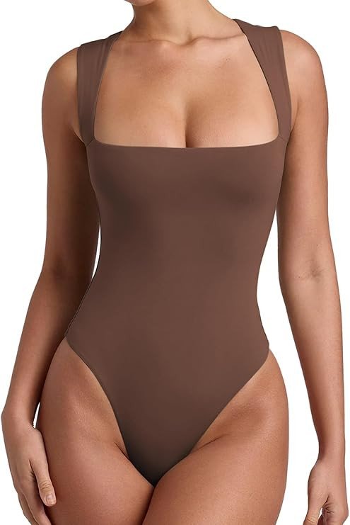 REORIA Butsmooth® Women’s Sexy Sleeveless Square Neck Double Lined Basic Bodysuit Tank Tops | Amazon (US)
