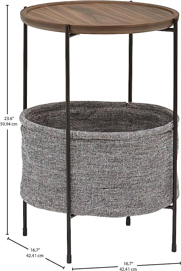 Amazon Brand – Rivet Meeks Round Side Table with Fabric Storage Basket, 24"H, Walnut and Grey | Amazon (US)