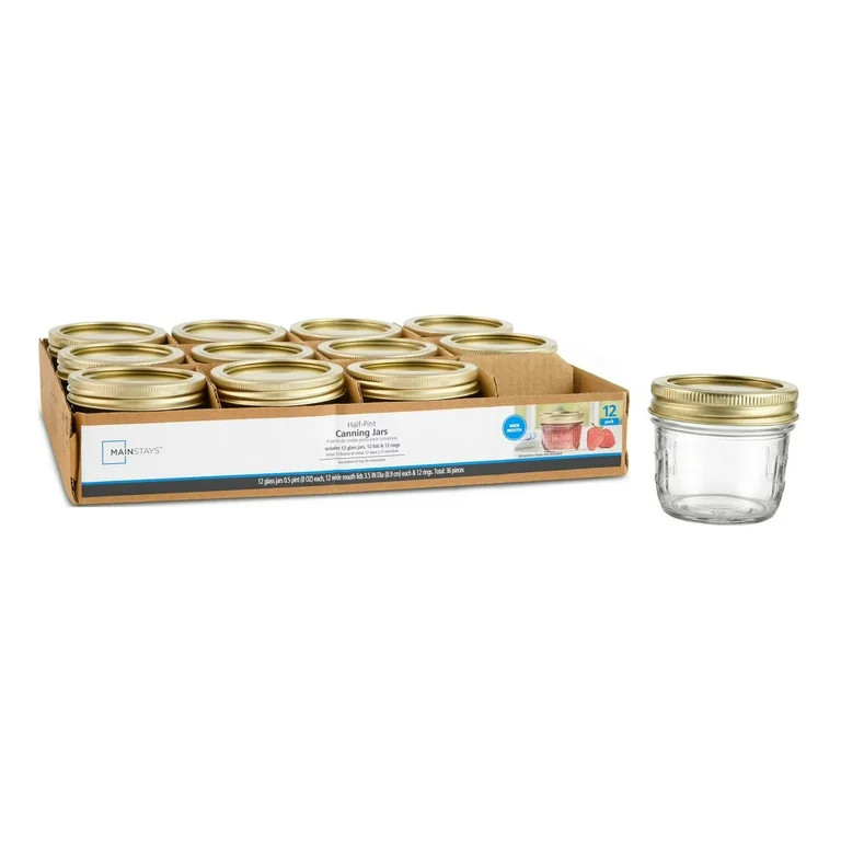 Mainstays 8 oz Mason Jars, Wide Mouth Half Pint Canning Jars with Lids and Rings, 12-Pack Small G... | Walmart (US)