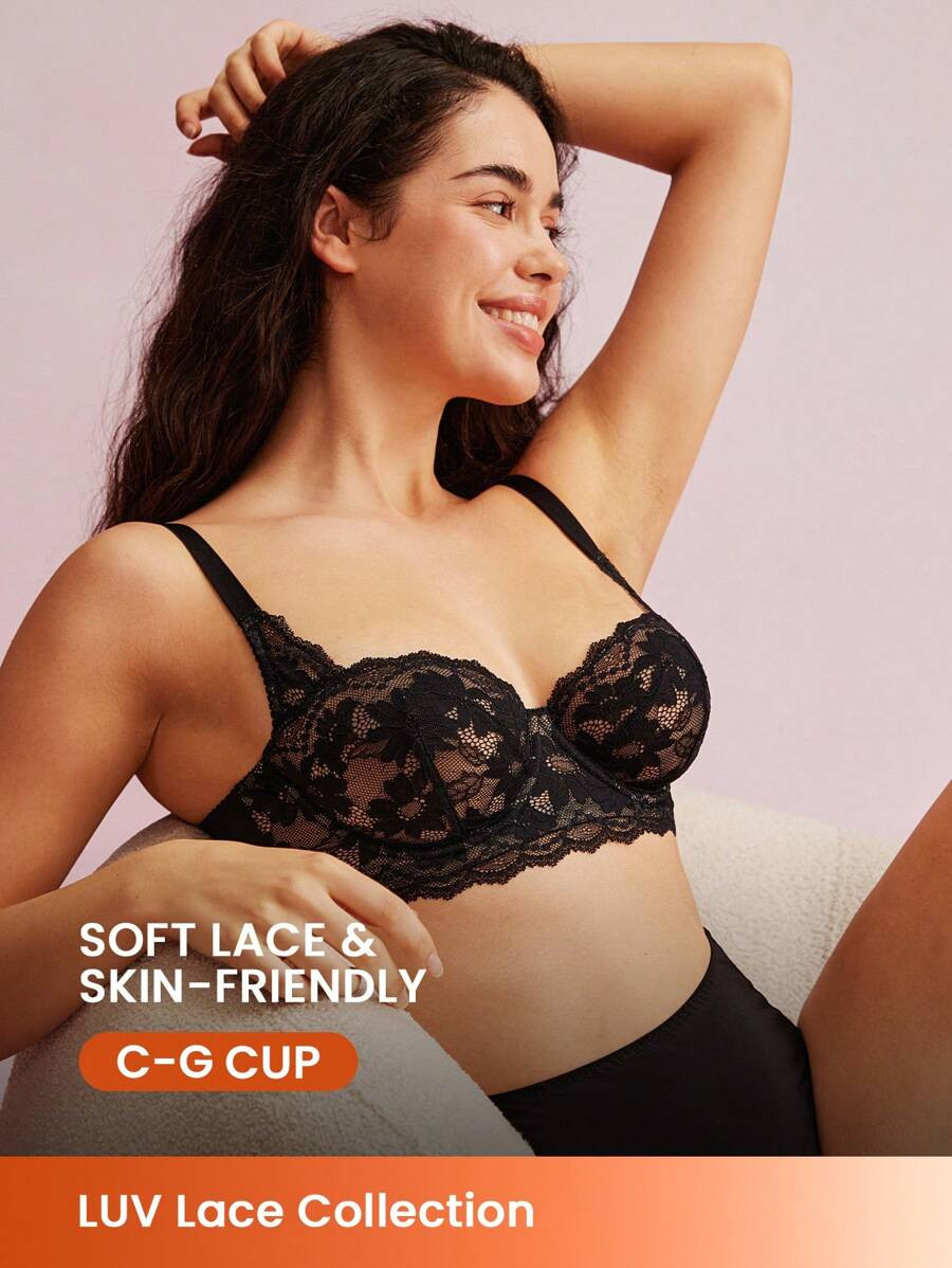 LUVLETTE Woman Lingerie Lounge Curve Balconette Push Up & Breathable Underwire Sexy Unlined Black... | SHEIN