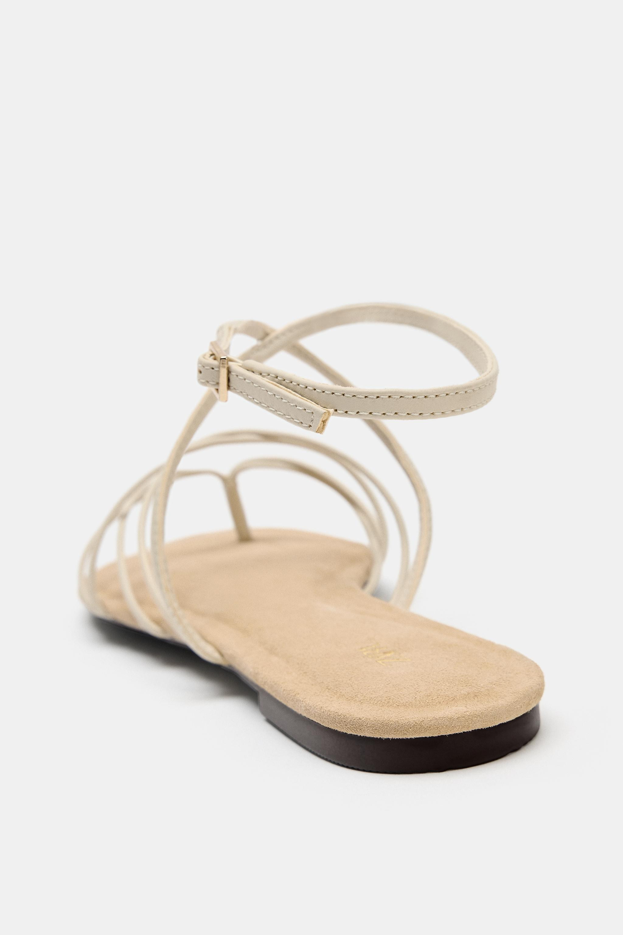 STRAPPY LEATHER FLAT SANDALS | Zara US