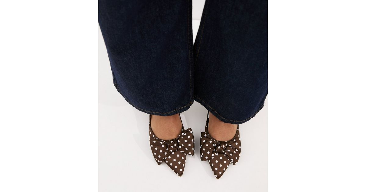 Brown Polka Dot Satin Bow Embellished Slingback Flats | New Look | New Look (UK)