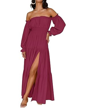 ZESICA Women's 2023 Boho Sexy Off Shoulder Long Sleeve Smocked High Waist Side Split Flowy A Line... | Amazon (US)