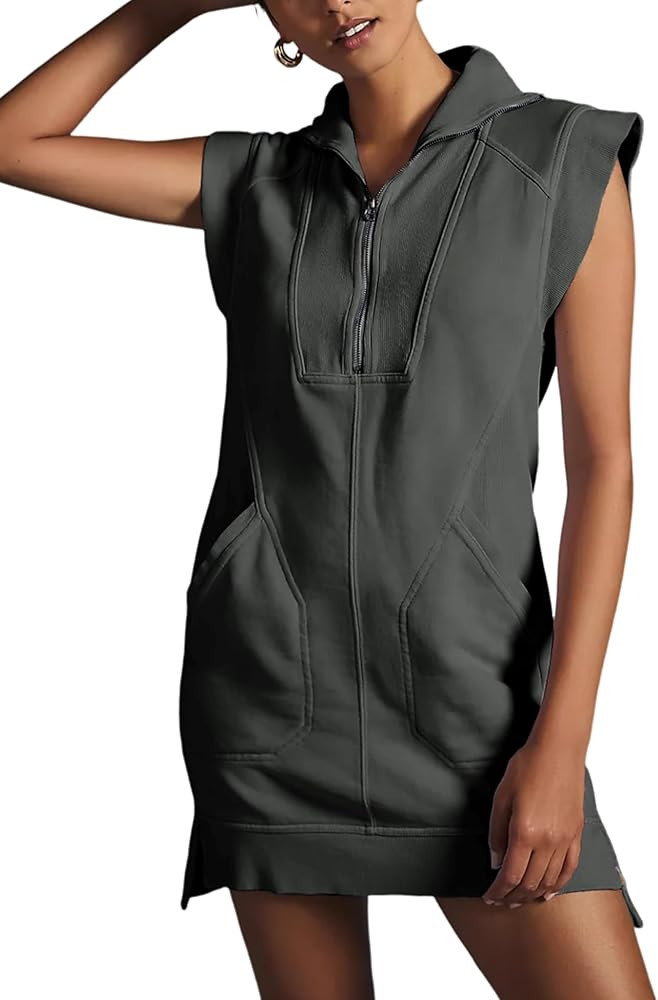 Qiaomai Womens Half Zip Sweatshirt Dresses Summer V Neck Sleeveless Pullover Tunic Tops Mini Dres... | Amazon (US)