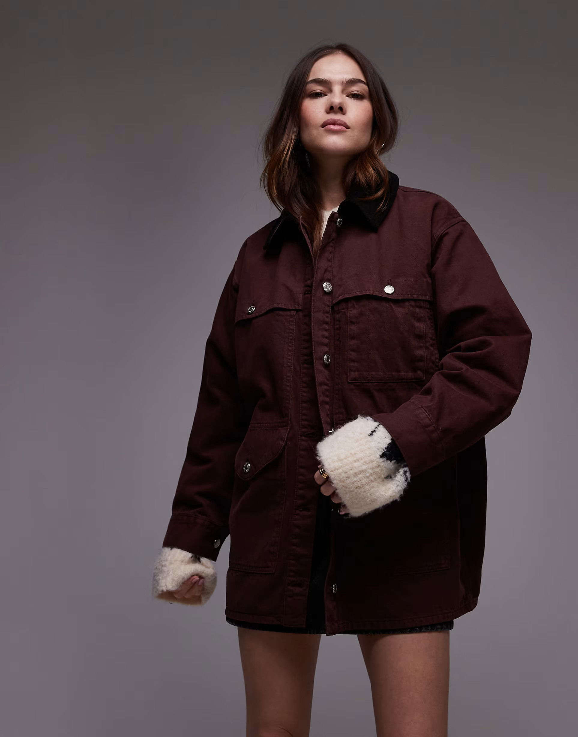 Topshop denim trucker jacket with contrast cord collar in burgundy | ASOS (Global)