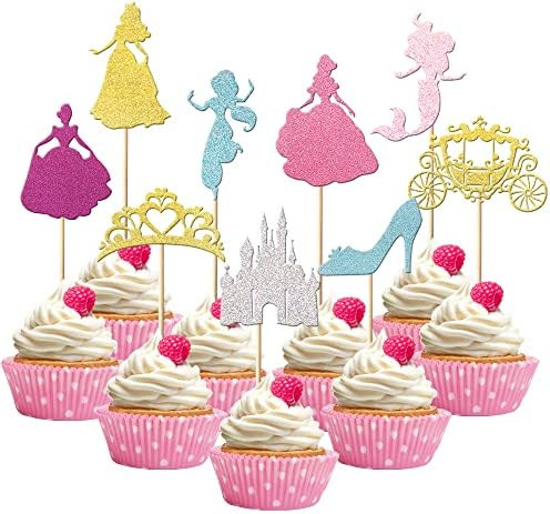 36 PCS Princess Cupcake Toppers Glitter Mermaid Girl Castle Carriage High Heel Crown Cupcake Pick... | Amazon (US)
