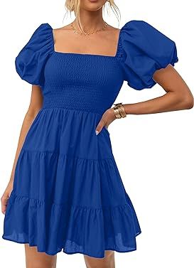 ZESICA Women's 2023 Boho Summer Square Neck Puff Sleeve Off Shoulder Smocked Tiered Casual A Line... | Amazon (US)