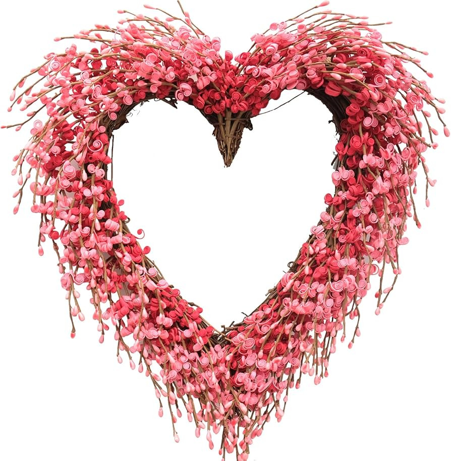 idyllic Heart Valentine Wreath Handmade Red Berry Leaves Heart Shaped Wreath Rustic Twig for Door... | Amazon (US)