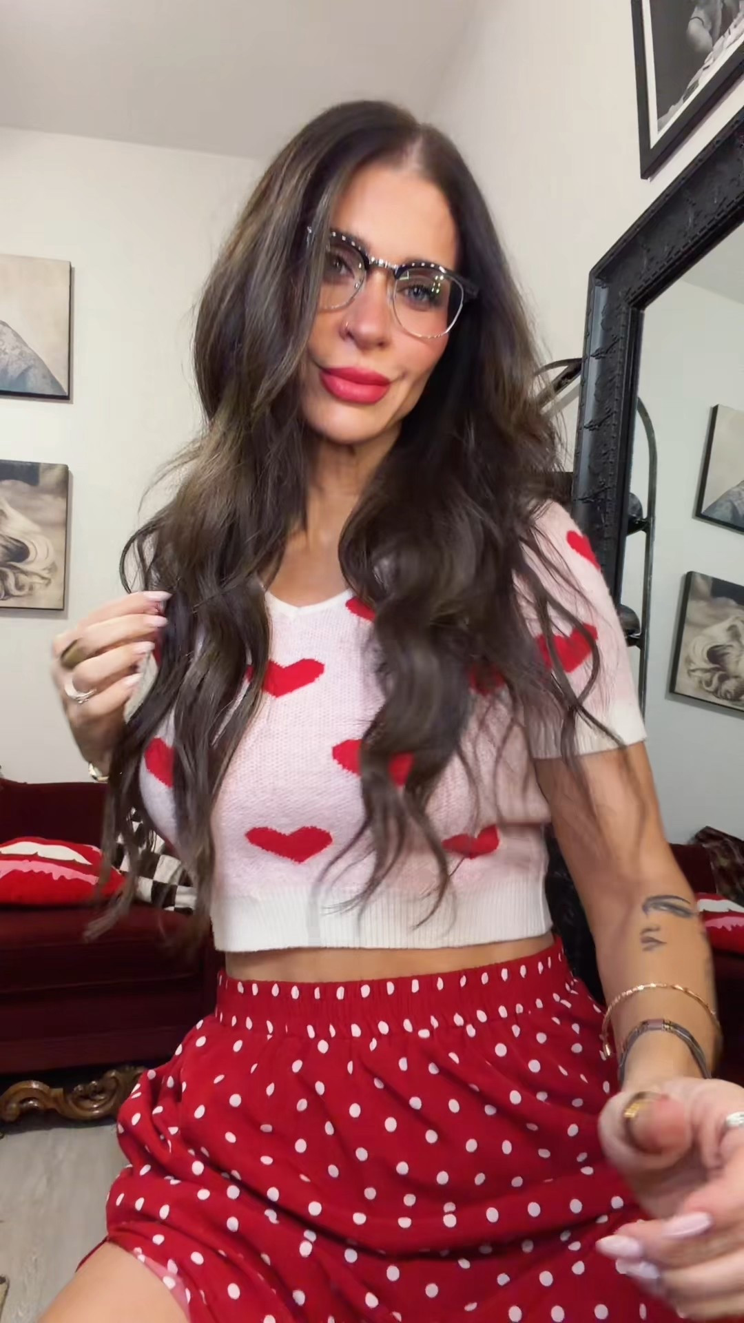 Valentines outfit idea. 
These are all older outfit pieces but I linked similar things to recreate it. 

Women’s Valentine’s Day outfit
Polka dots
Brunch outfit 
Date night outfit 
Red shoes 

#LTKootd #LTKValentine