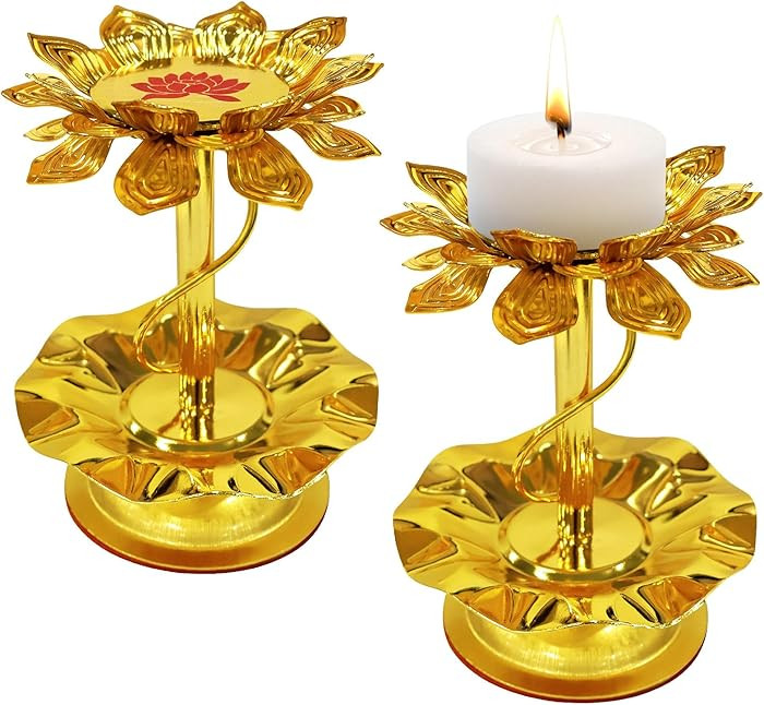 2 Pcs Lotus Candle Holders Metal Gold for Diwali Lotus Ghee Candle Stand Indian Decorations Oil L... | Amazon (US)