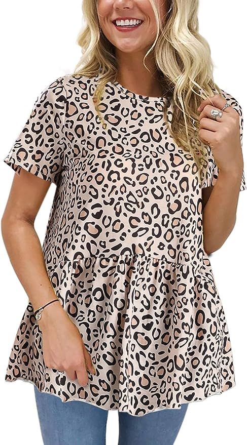 Hibluco Women's Summer Top Short Sleeve Round Neck Floral Print Swing Tunic Blouse | Amazon (US)