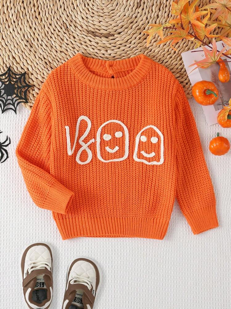 Baby Boys' Sweaters, Autumn/Winter, Handmade Crochet Cartoon Stylish Pumpkin Ghost Face Sweater, ... | SHEIN