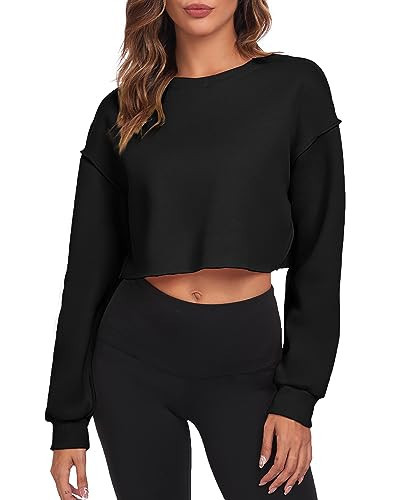 FKEEP Cropped Sweatshirts for Women Long Sleeves Crewneck Pullover Crop Tops Oversized Fit Black | Amazon (US)