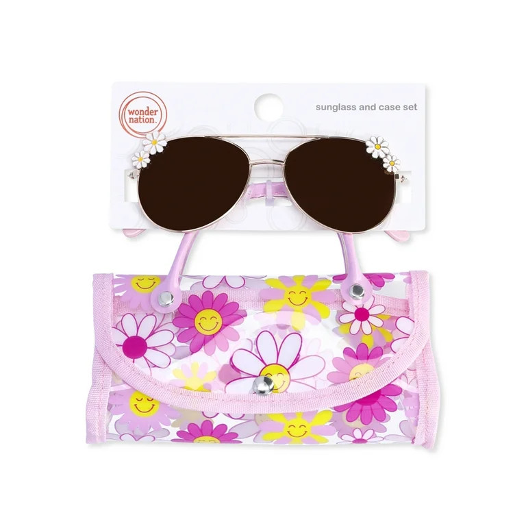 Wonder Nation Kids Aviator Daisy Sunglasses with Daisy Printed Carrying Case | Walmart (US)