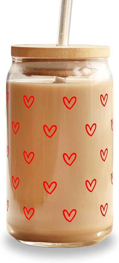Hearts Glass Cup with Lid and Straw Color Changing Vinyl, Iced Coffee Valentines Day Can Tumbler ... | Amazon (US)