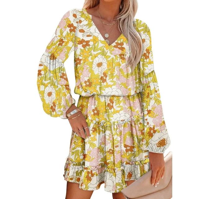 Dokotoo Mini Dresses for Women Sexy Notch V Neck Long Sleeve Boho Floral Short Dresses Flowy Loos... | Walmart (US)
