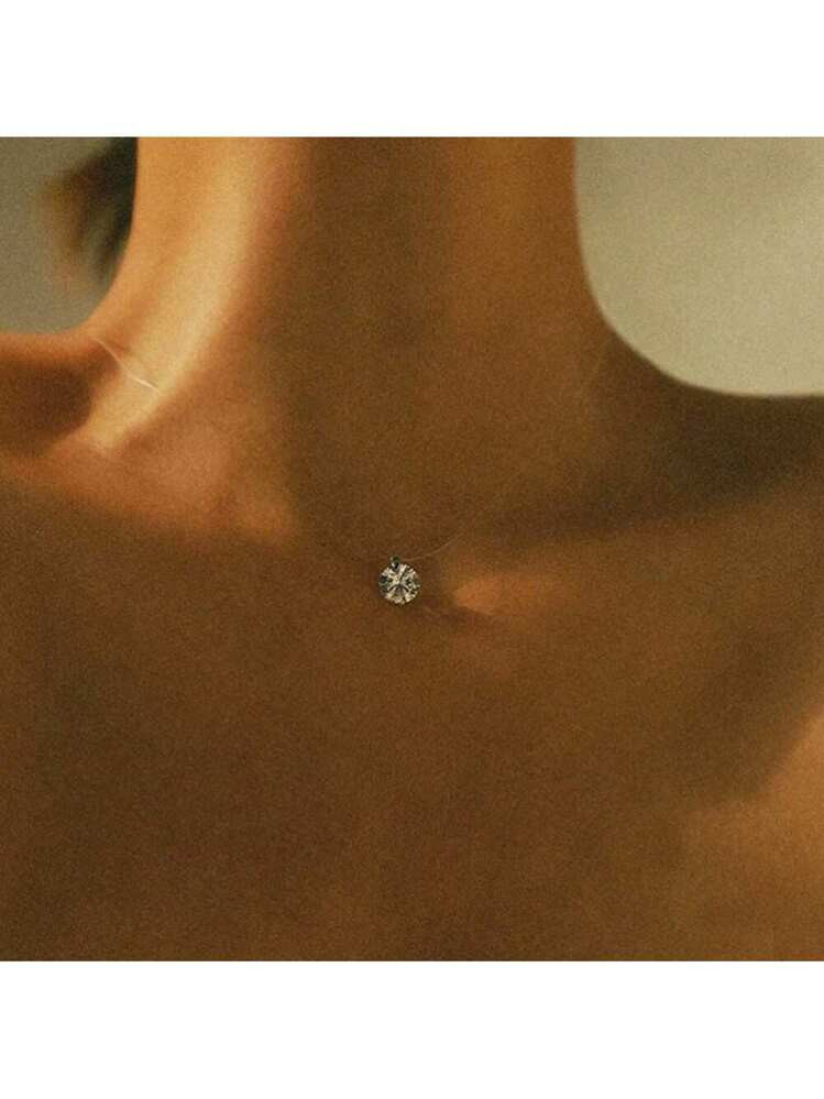 Invisible Necklace, Minimalist Clear Line Necklace With Cubic Zirconia Mermaid Teardrop, European... | SHEIN