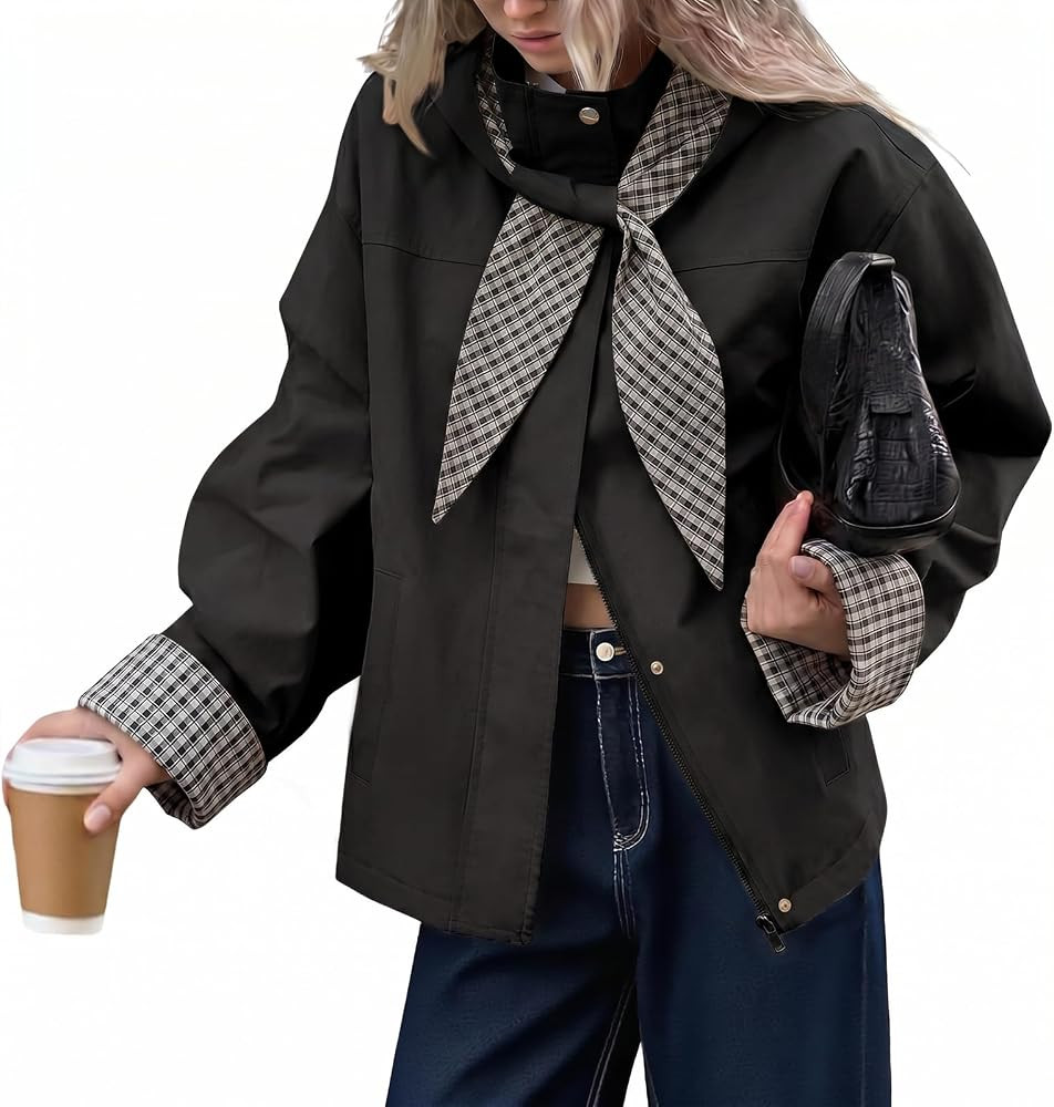 Tankaneo Womens Cropped Trench Coats Fall Jacket with Plaid Detachable Hood | Amazon (US)