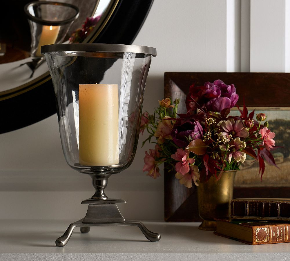 Chris Loves Julia Footed Pewter Hurricane Candle Holder | Pottery Barn (US)