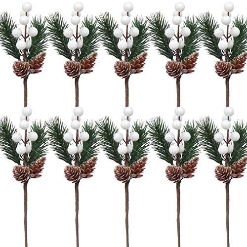 10 Pack Artificial Christmas Pine Picks Branches Floral Picks Stems with Pinecones White Berries Chr | Amazon (US)