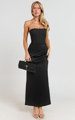 Avery Midi Dress - Strapless Draped Side Split Dress in Black | Showpo (US, UK & Europe)
