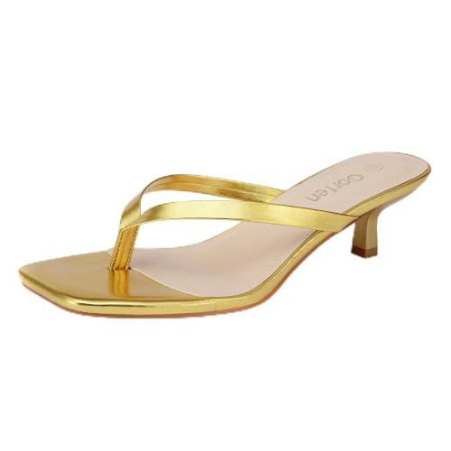 Gorfen Women's Kitten Heel Sandals Square Toe Flip Flop Thong Cushioned Summer Vacation Sandals Gold 10 | Amazon (US)