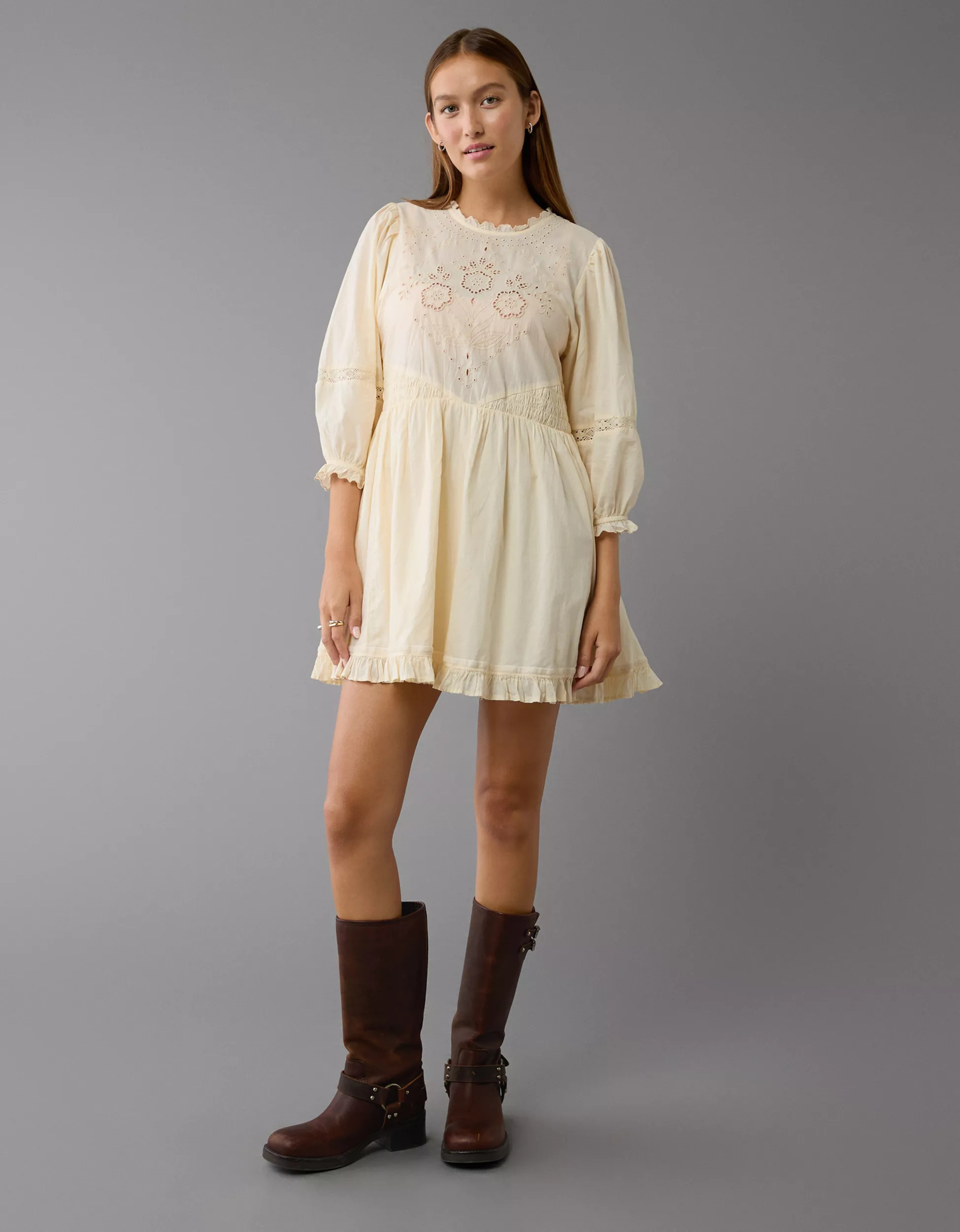 AE Embroidered Puff Sleeve Mini Dress | American Eagle Outfitters (US & CA)