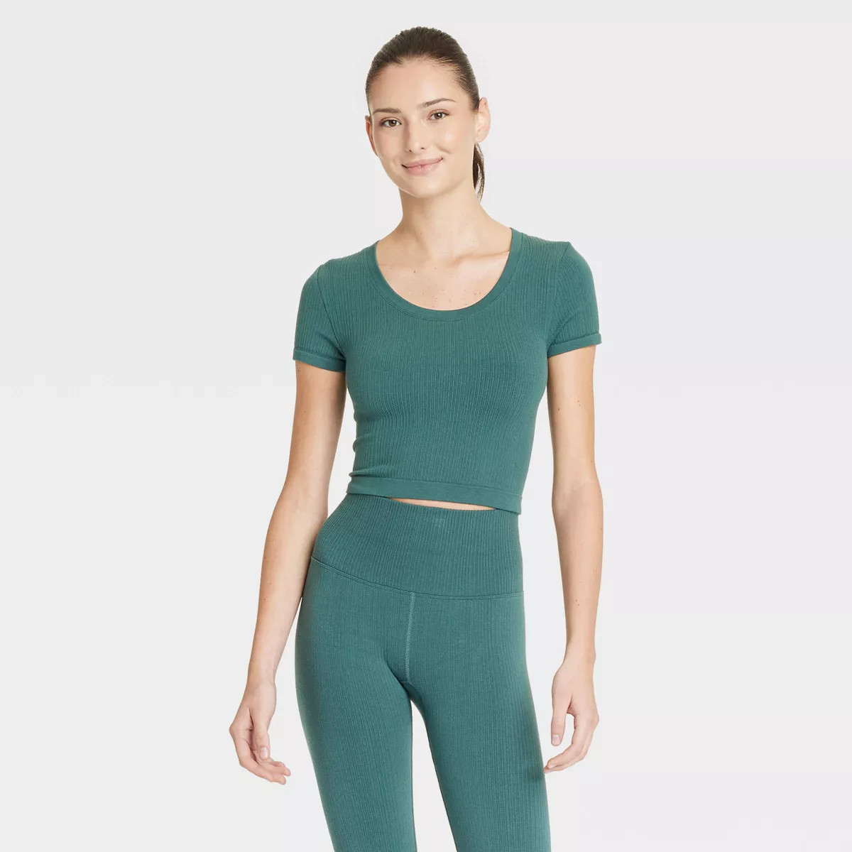 Women's Seamless Rib Cropped Short Sleeve Shirt - All In Motion™ Dark Green XS | Target