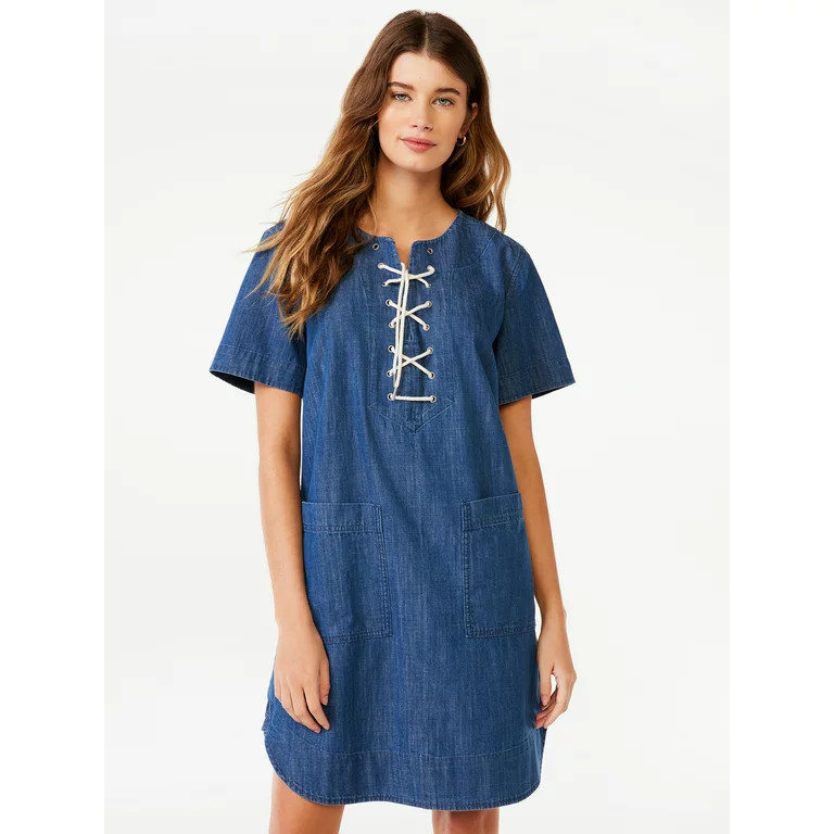 Free Assembly Women's Lace Up Mini Shift Dress with Short Sleeves, Sizes XS-XXXL | Walmart (US)
