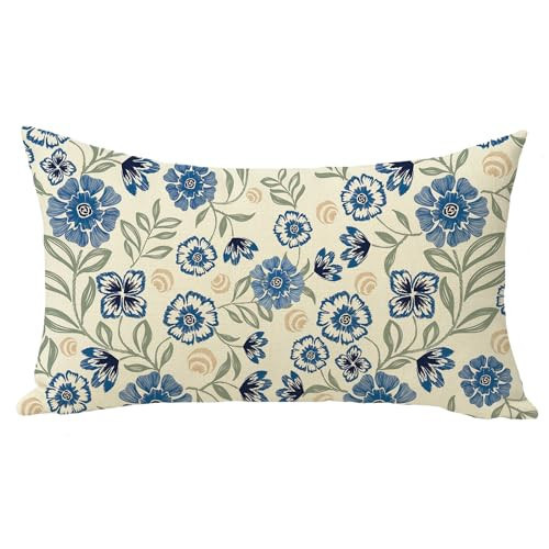 Fjfz Vintage Blue Flower Lumbar Decorative Throw Pillow Cover 12 x 20, Rectangular Retro Floral Leaves Plant Pastoral Outdoor Home Decor, Spring Summer Botanical Farmhouse Sofa Couch Cushion Case | Amazon (US)