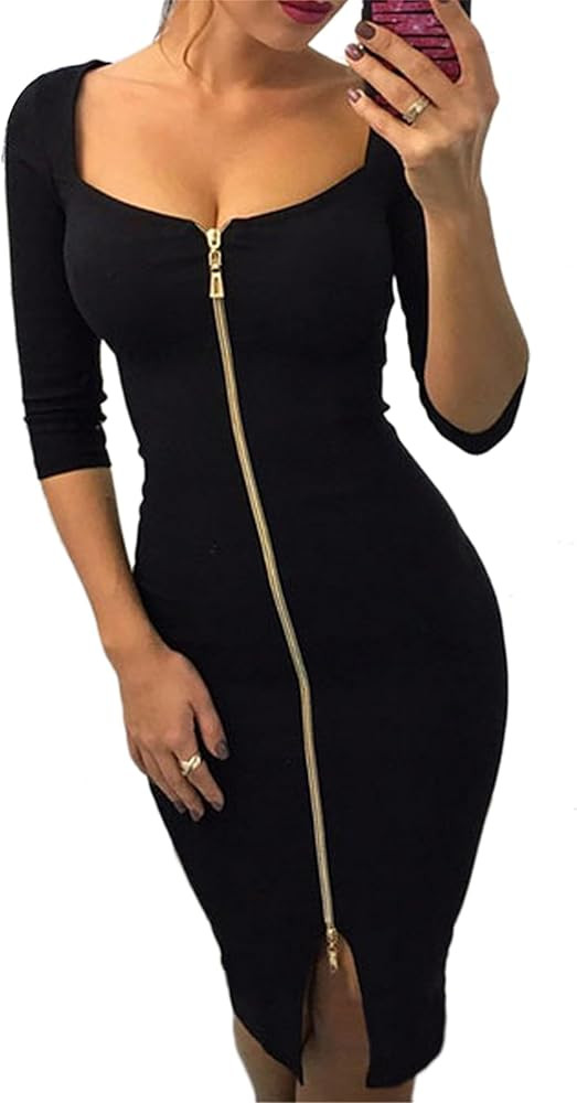 DIACACY Women Zipper 3/4 Sleeve Casual Midi Dress Formal Solid Color Slim Fit Dress Club Fashion ... | Amazon (US)