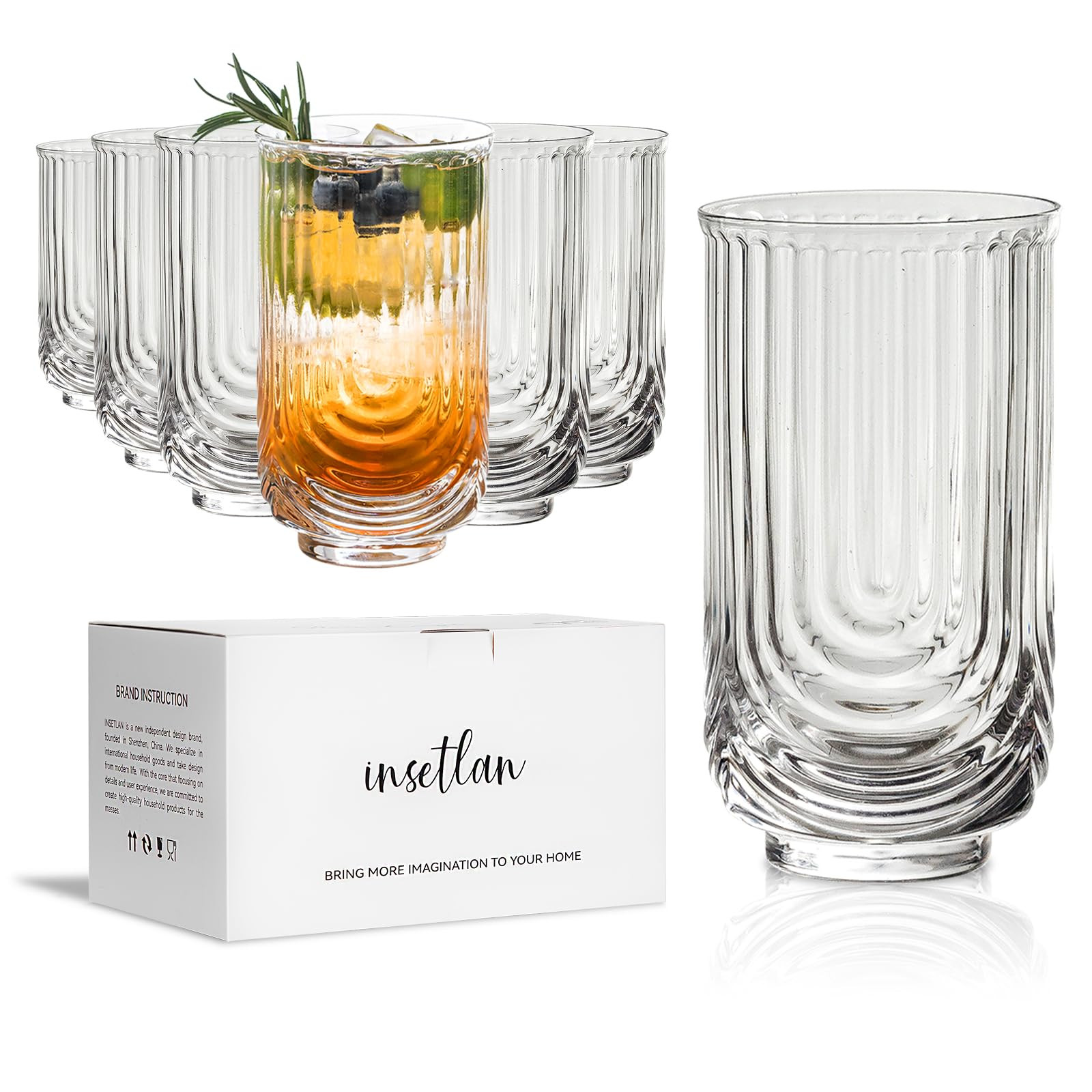 INSETLAN Set of 6 Water Drinking Glasses, Arch Design Cocktail Glasses, Vintage Glassware, Collin... | Amazon (US)