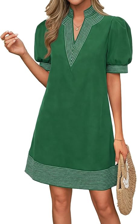 Wenrine Womens Summer V Neck Shift Dresses Casual Puff Short Sleeve Color Block Short Boho Beach ... | Amazon (US)