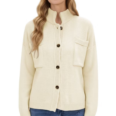 Anna-Kaci Women's Button Front Long Sleeve Knit Fashion Cardigan with Stand Collar and Front Pocket - X Large, Beige | Target