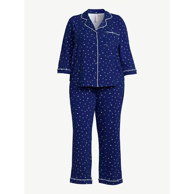 Joyspun Women’s Cotton Blend Notch Collar Top and Pants Pajama Set, 2-Piece, Sizes S to 4X | Walmart (US)