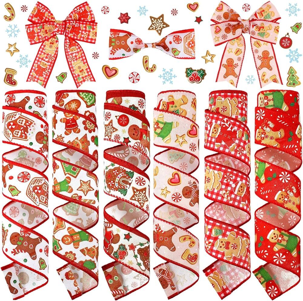 Chitidr 6 Rolls 30 Yards Christmas Wired Ribbon 2 Inch Gingerbread Christmas Ribbons Xmas Red Can... | Amazon (US)