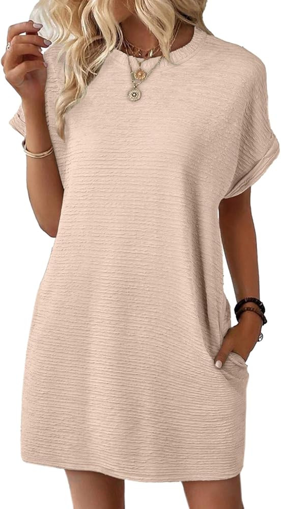 EVALESS Womens Summer Dresses Fashion 2025 Short Sleeve Spring Mini Dress Crewneck Solid Casual B... | Amazon (US)