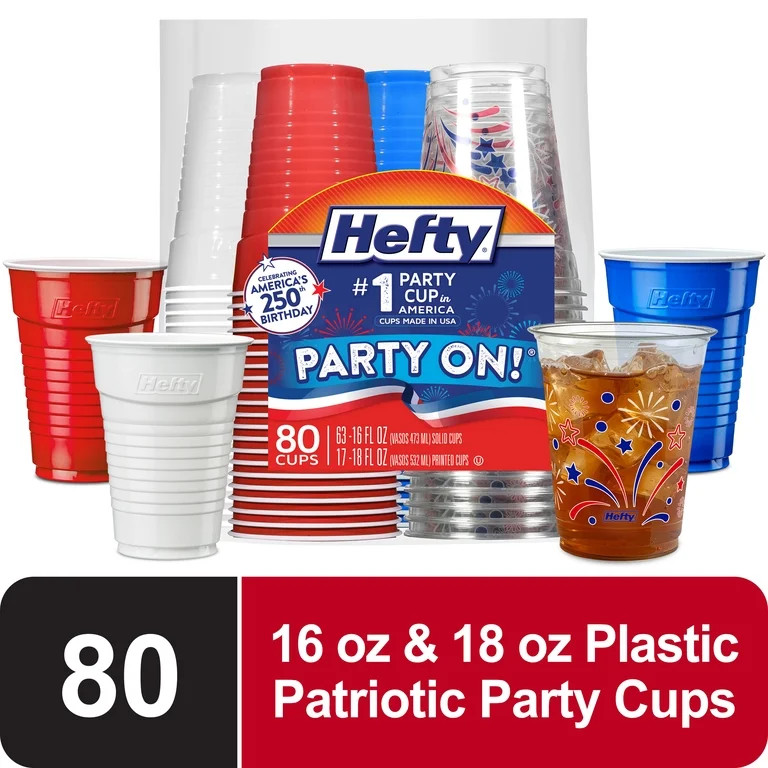 Hefty Party On Disposable Plastic Party Cups, Patriotic Assorted Colors and Festive Print, 16 oz.... | Walmart (US)