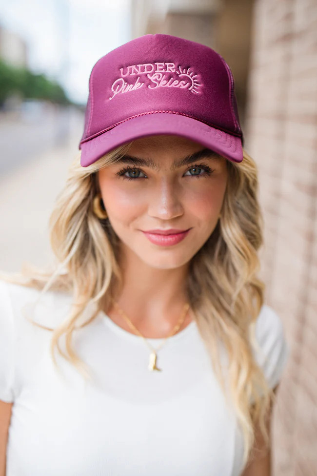 Under Pink Skies Maroon Trucker Hat | Pink Lily