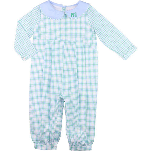 Blue And Green Windowpane Long Romper | Cecil and Lou